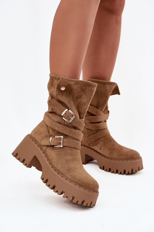 Khaki women's ankle boots on chunky heels with buckles and straps Nerelisa