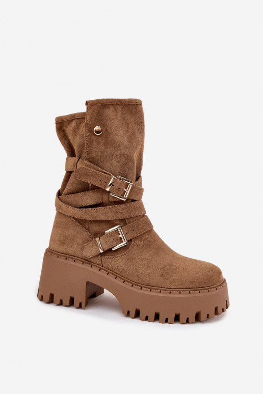 Khaki women's ankle boots on chunky heels with buckles and straps Nerelisa