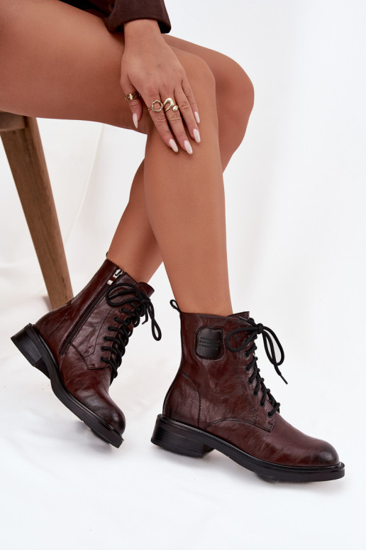 Brown women's work ankle boots with decorative details