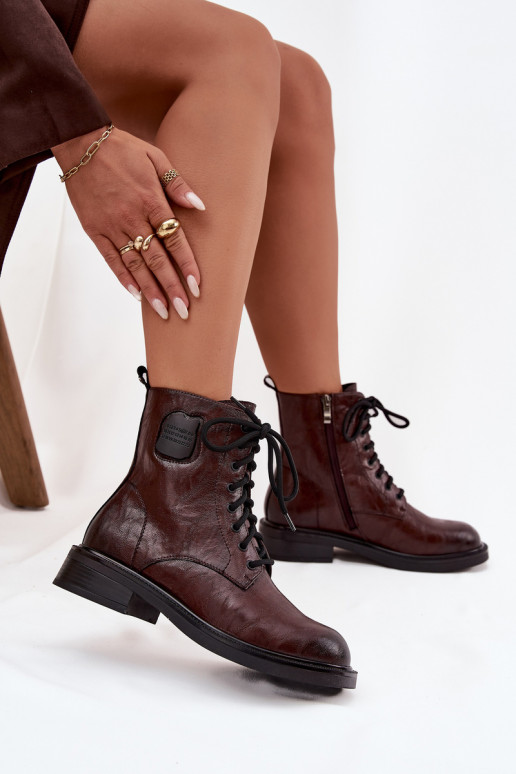 Brown women's work ankle boots with decorative details