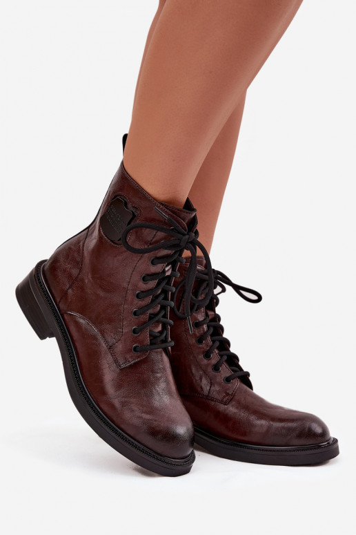 Brown women's work ankle boots with decorative details