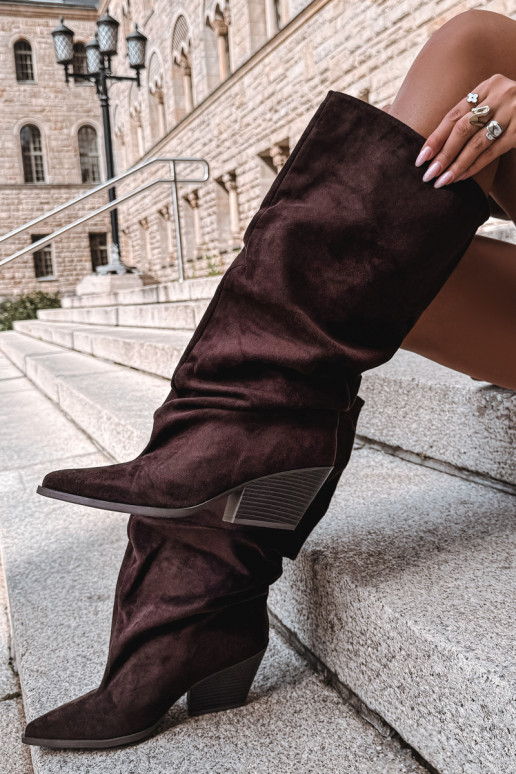 Women's over-the-knee boots with a curved upper part and heels made of suede in chocolate color Durela