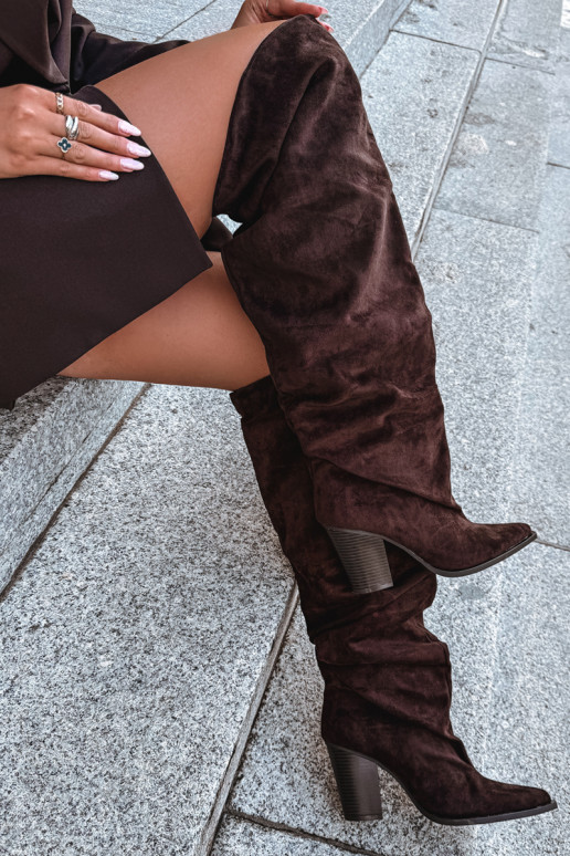 Chocolate slip-on women's knee-high boots with heels Anica