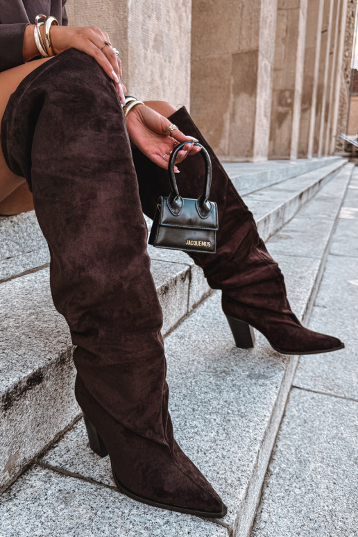 Chocolate slip-on women's knee-high boots with heels Anica