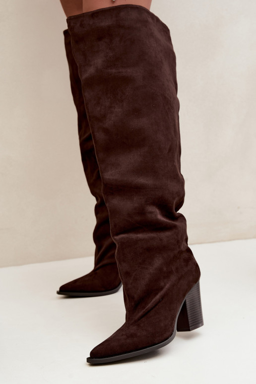 Chocolate slip-on women's knee-high boots with heels Anica