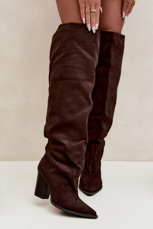 Chocolate slip-on women's knee-high boots with heels Anica