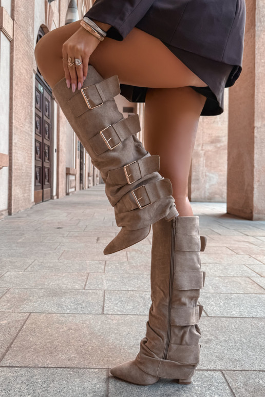 women's knee-high boots with a stitched shaft in gold color with buckles made of faux suede in khaki color Isa