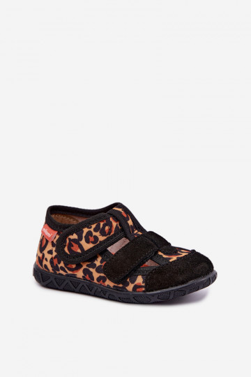 Children's slippers Milami with sticky fastenings and leopard patterns in black and yellow Reathiana