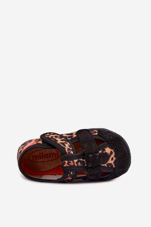 Children's slippers Milami with sticky fastenings and leopard patterns in black and yellow Reathiana