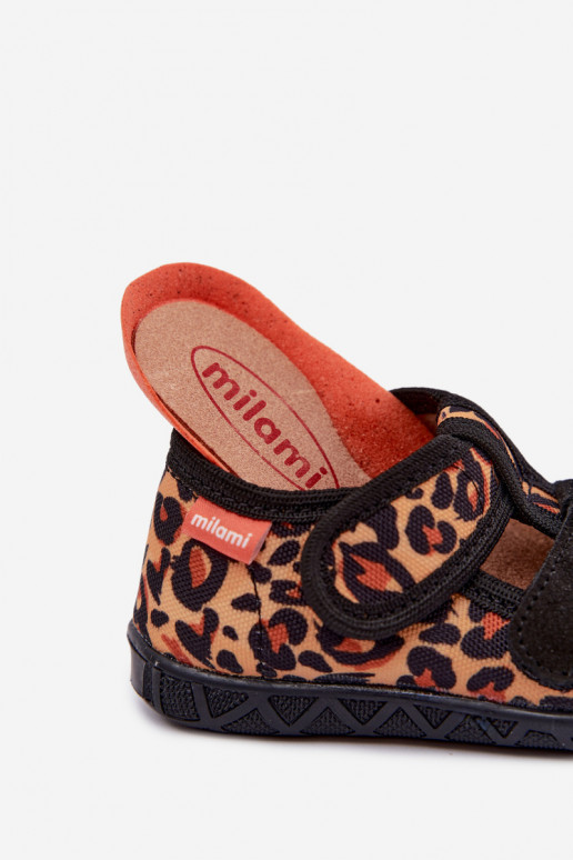 Children's slippers Milami with sticky fastenings and leopard patterns in black and yellow Reathiana