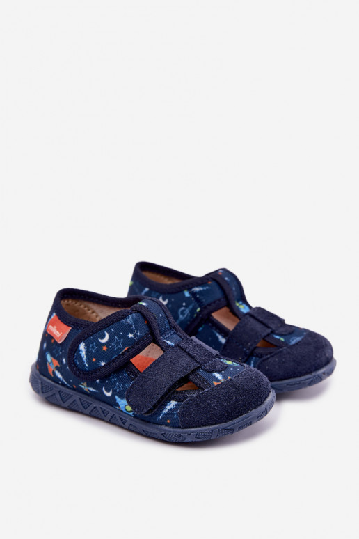 Children's slippers Milami with sticky fastenings and rockets in dark blue Reathiana
