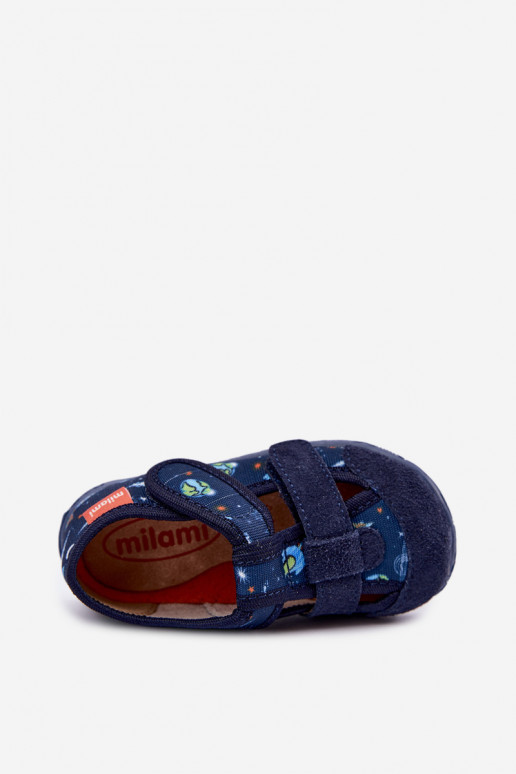Children's slippers Milami with sticky fastenings and rockets in dark blue Reathiana