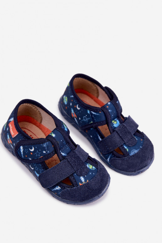 Children's slippers Milami with sticky fastenings and rockets in dark blue Reathiana