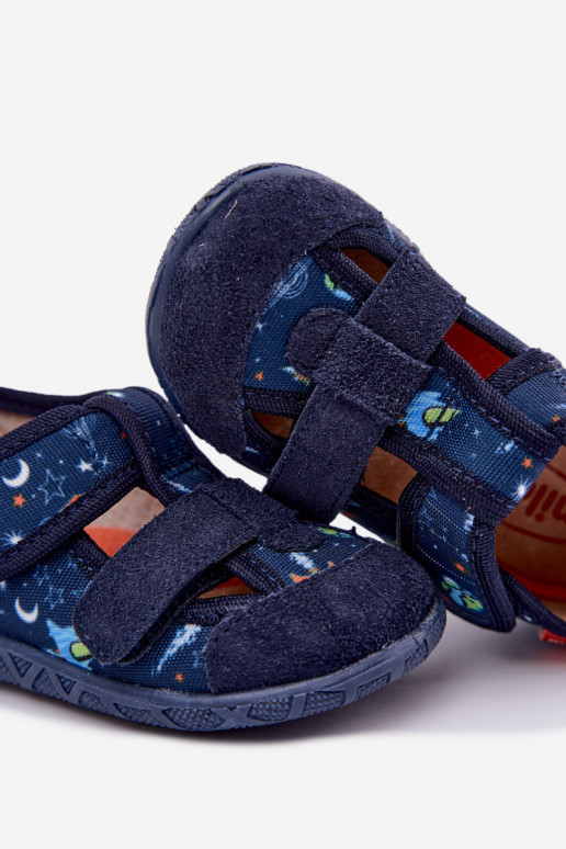Children's slippers Milami with sticky fastenings and rockets in dark blue Reathiana