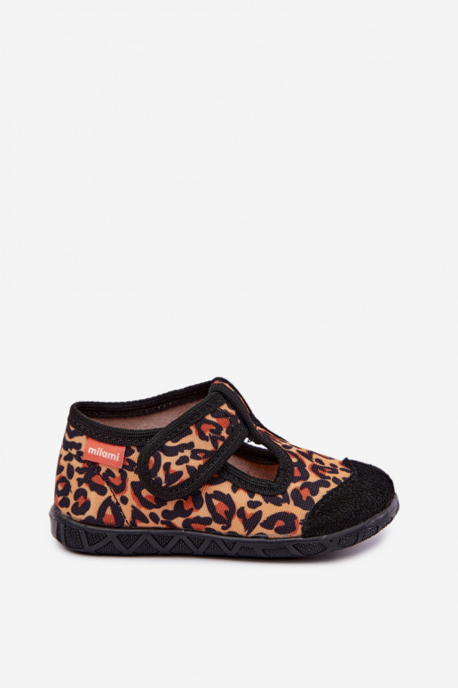 Children's slippers Milami with sticky fastenings and leopard patterns in yellow and black Jasimrra