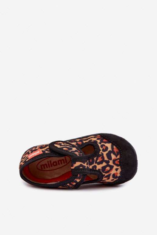 Children's slippers Milami with sticky fastenings and leopard patterns in yellow and black Jasimrra