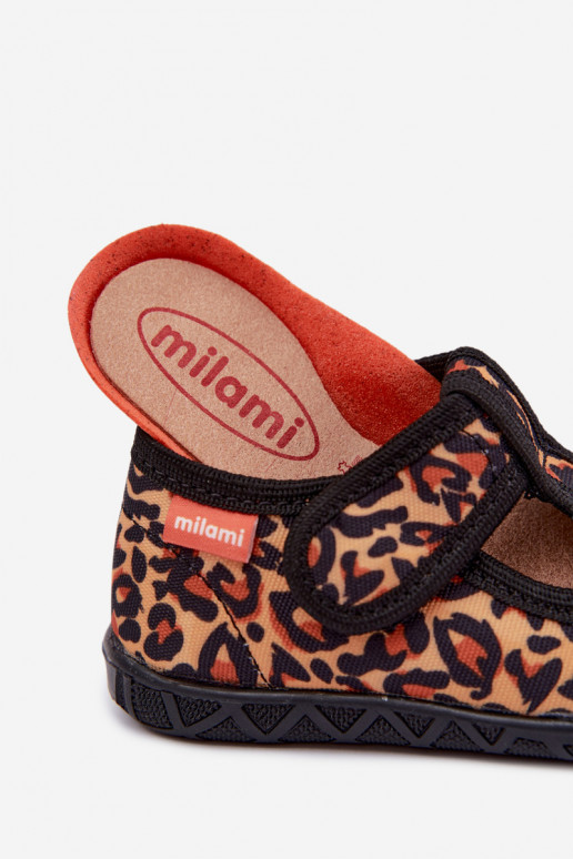 Children's slippers Milami with sticky fastenings and leopard patterns in yellow and black Jasimrra