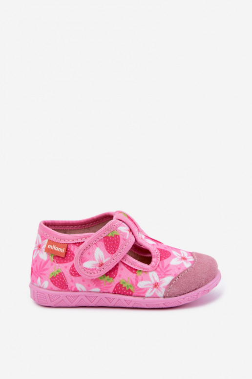 Children's slippers Milami with sticky fastenings and strawberries and flowers in pink Jasimrra