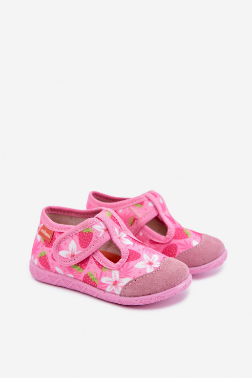 Children's slippers Milami with sticky fastenings and strawberries and flowers in pink Jasimrra