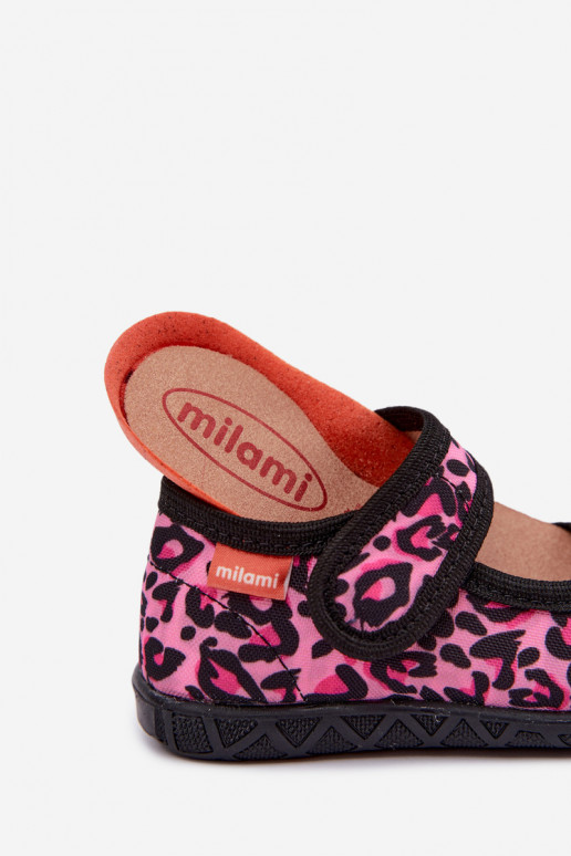 Children's slippers Milami with sticky fastenings and leopard patterns in pink and black Esnia