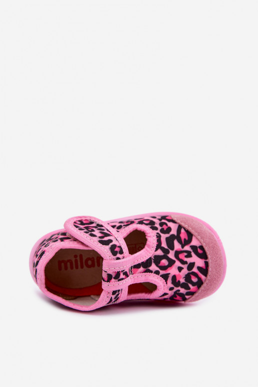 Elastingos vaikiškos šlepetės Milami su lipniais užsegimais su leopardo raštais rožinės spalvos Ambette