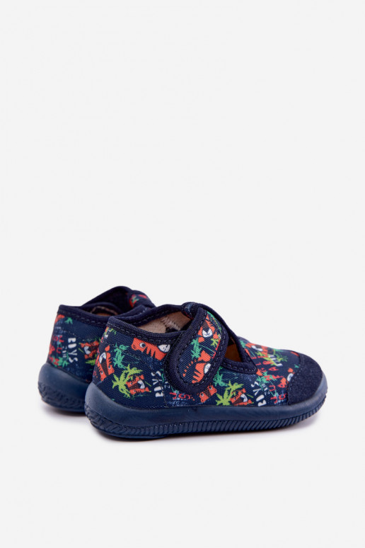 Elastic children's slippers Milami with sticky fastenings and jungle patterns in dark blue Ambette