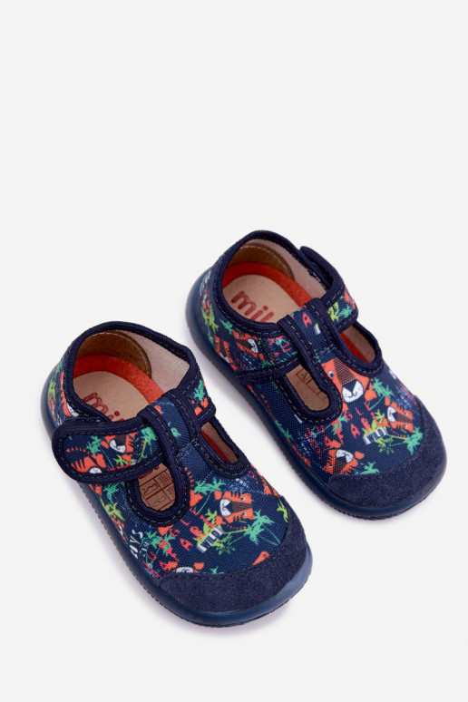 Elastic children's slippers Milami with sticky fastenings and jungle patterns in dark blue Ambette