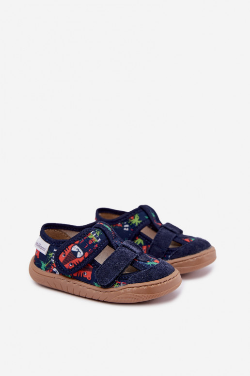 Children's slippers Barefoot Milami with jungle patterns in dark blue Lumi