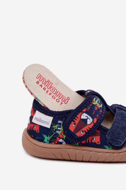 Children's slippers Barefoot Milami with jungle patterns in dark blue Lumi