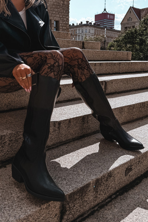 natural leather women's knee-high boots on low heel insulated Big Star UU274521 black color