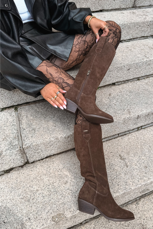faux suede women's knee-high boots on low heel insulated Big Star UU274519 chocolate color