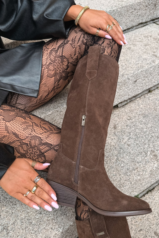 faux suede women's knee-high boots on low heel insulated Big Star UU274519 chocolate color