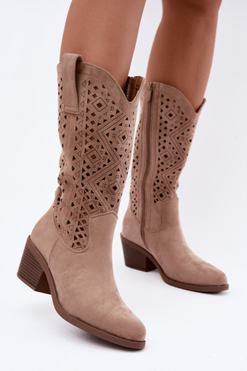 knee-high boots with cut-out elements in cowboy style with heels S.Barski HY62-8126 in sand