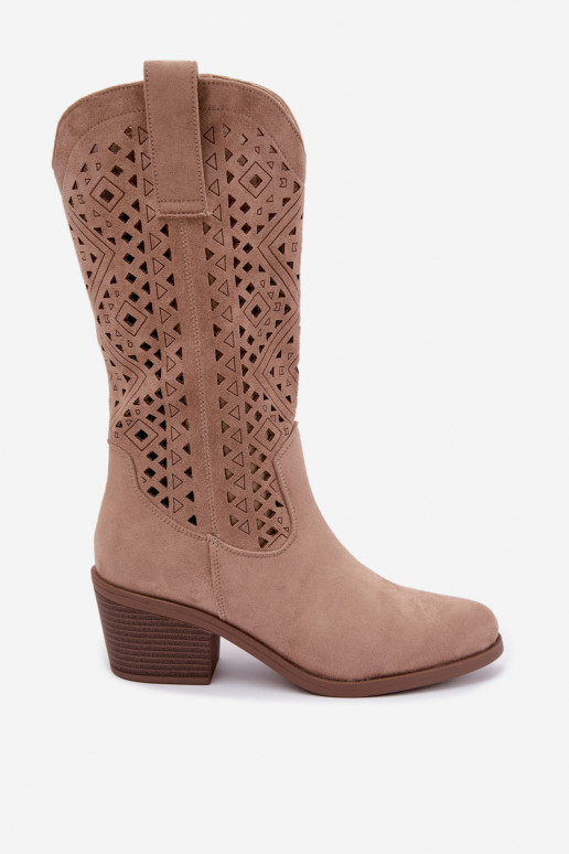 knee-high boots with cut-out elements in cowboy style with heels S.Barski HY62-8126 in sand