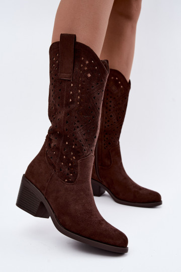 knee-high boots with cut-out elements in cowboy style with heels S.Barski HY62-8126 in chocolate