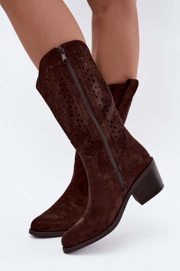 knee-high boots with cut-out elements in cowboy style with heels S.Barski HY62-8126 in chocolate 2