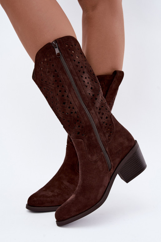 knee-high boots with cut-out elements in cowboy style with heels S.Barski HY62-8126 in chocolate