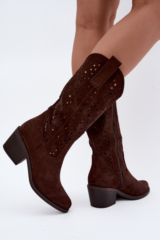 knee-high boots with cut-out elements in cowboy style with heels S.Barski HY62-8126 in chocolate