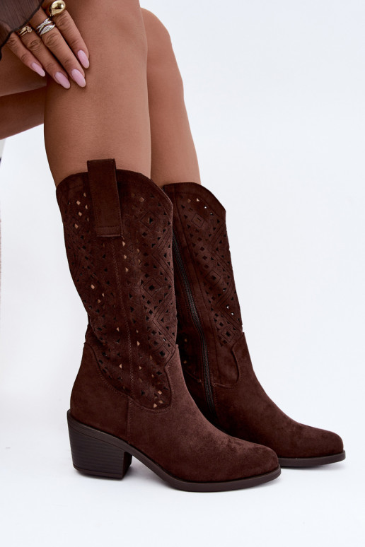 knee-high boots with cut-out elements in cowboy style with heels S.Barski HY62-8126 in chocolate