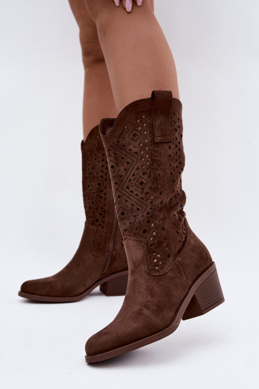 knee-high boots with cut-out elements in cowboy style with heels S.Barski HY62-8126 in brown