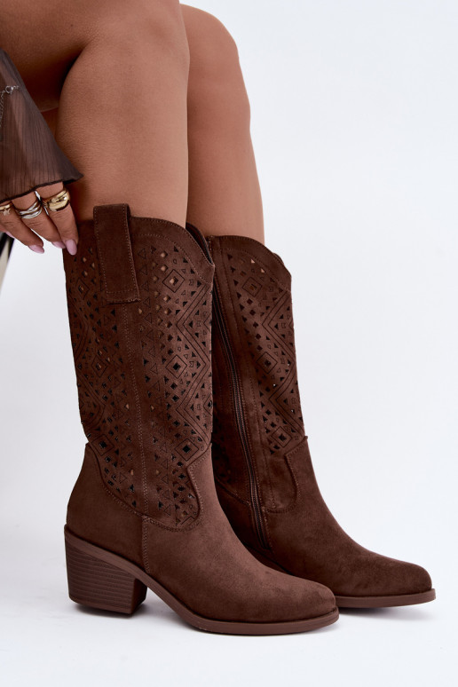 knee-high boots with cut-out elements in cowboy style with heels S.Barski HY62-8126 in brown