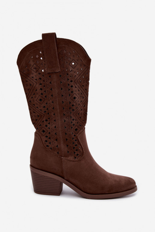 knee-high boots with cut-out elements in cowboy style with heels S.Barski HY62-8126 in brown