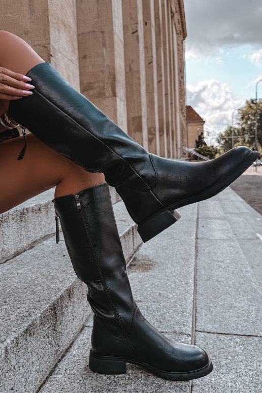 Black faux leather women's knee-high boots with wide heels and lining D&A JC62-1036