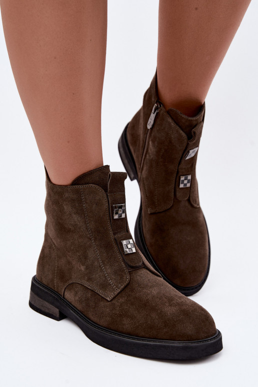 Faux suede lined ankle boots with wide heels D&A CR62-3334 dark brown