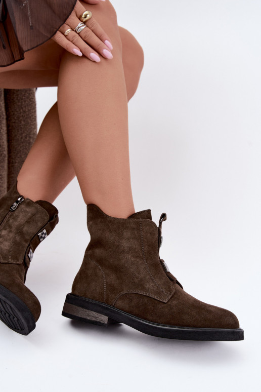 Faux suede lined ankle boots with wide heels D&A CR62-3334 dark brown