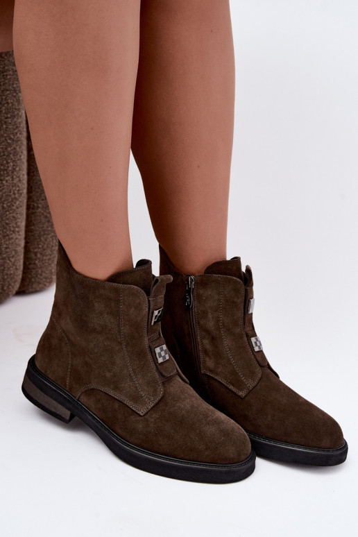 Faux suede lined ankle boots with wide heels D&A CR62-3334 dark brown