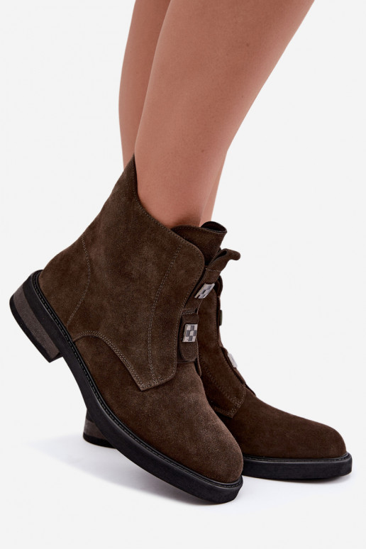 Faux suede lined ankle boots with wide heels D&A CR62-3334 dark brown