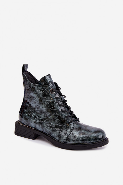 Lined ankle boots with patent effect and embossing S.Barski HY62-8140 blue
