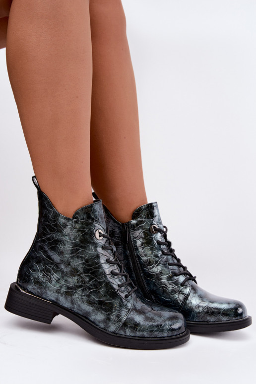 Lined ankle boots with patent effect and embossing S.Barski HY62-8140 blue