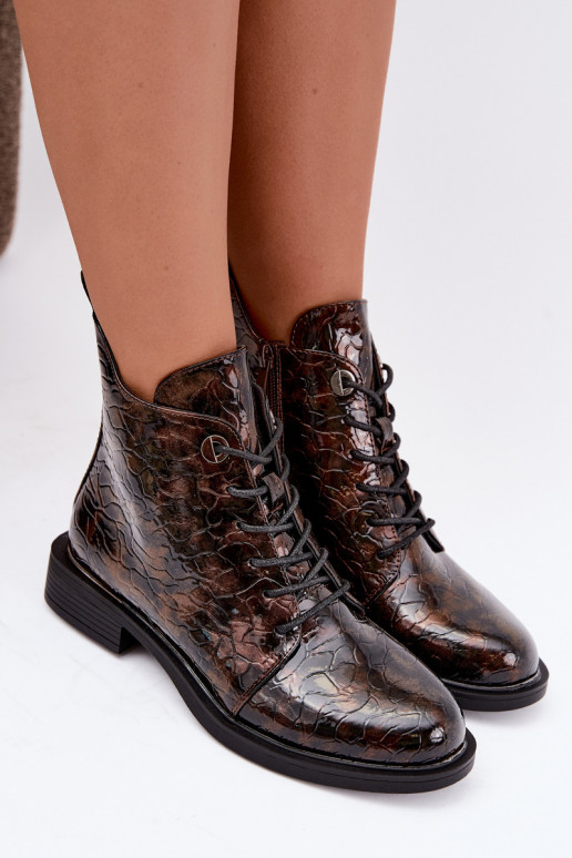 Lined ankle boots with patent effect and embossing S.Barski HY62-8140 brown